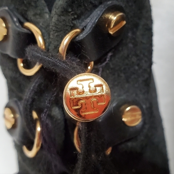 TORY Burch Halima Gray Camel Suede Gold Accent Lace-up Platform Ankle Booties 9M - Picture 7 of 15